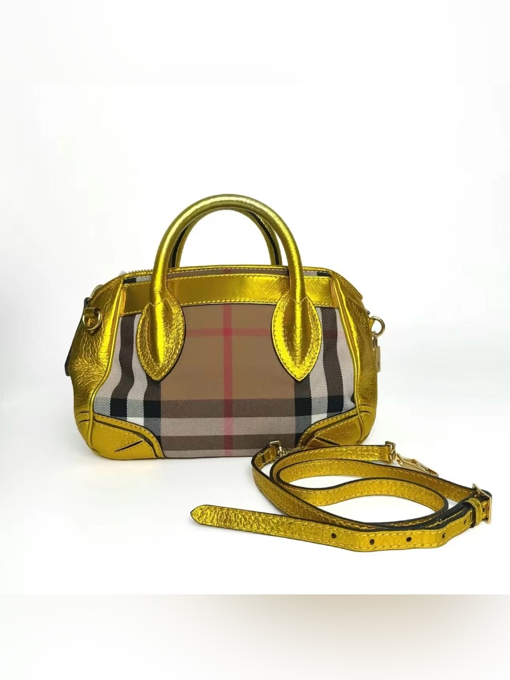 Burberry Vintage Blaze Metallic Gold Leather Plaid Satchel with COA